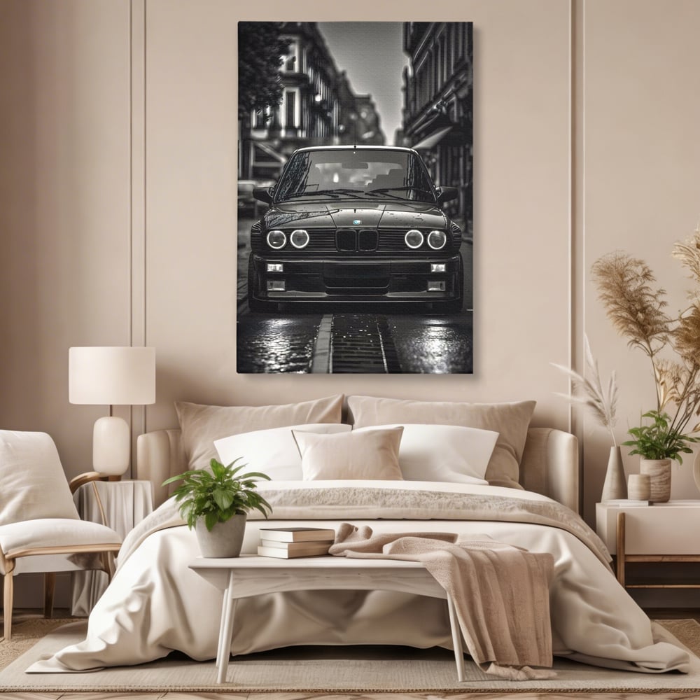 Tablou canvas cu tablou canvas cu masina bmw clasica, fara rama, pe sasiu de lemn, pe perete intr-un dormitor